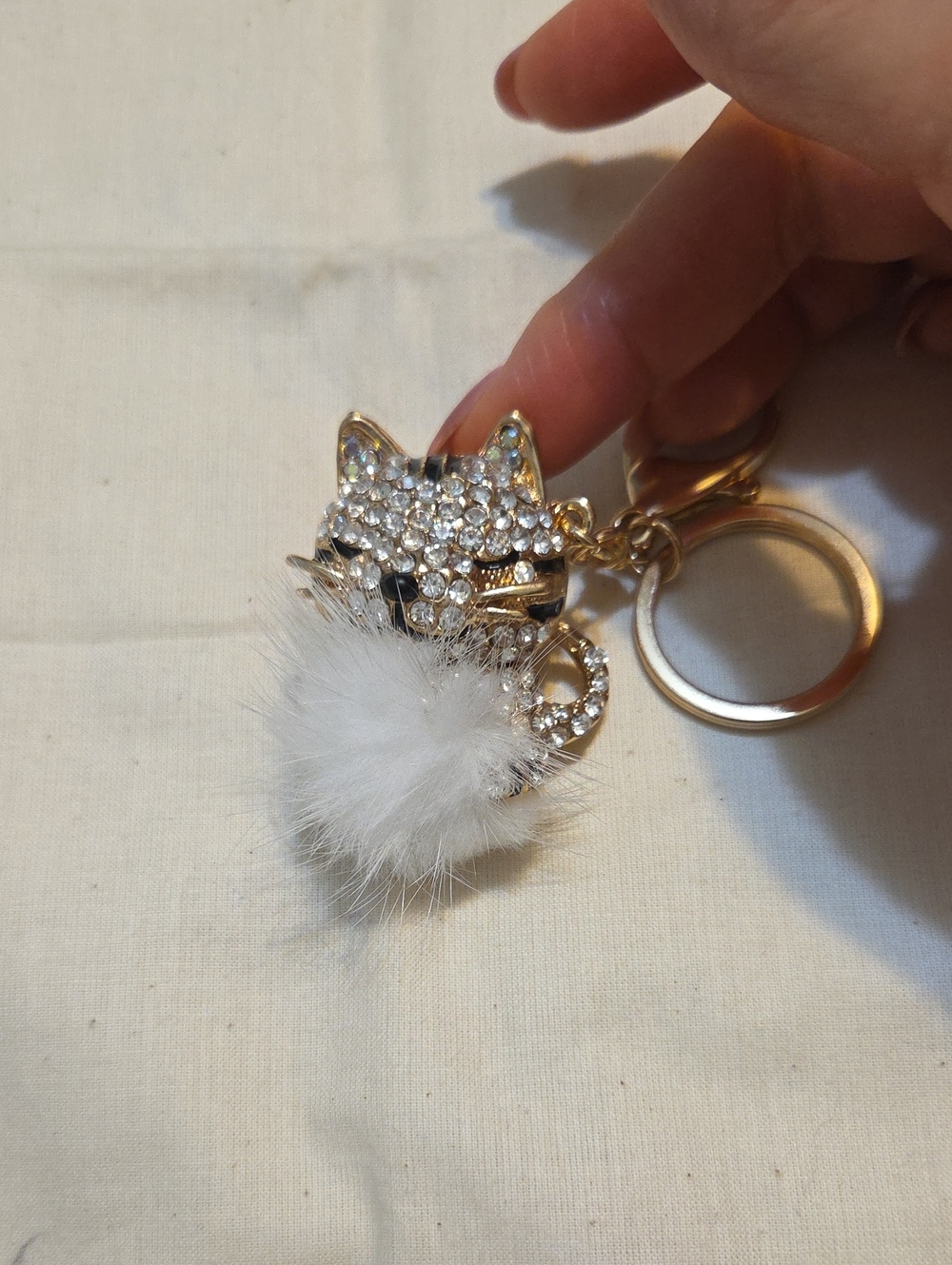 Crystal Cat Keychain with White Fur Pom-Pom